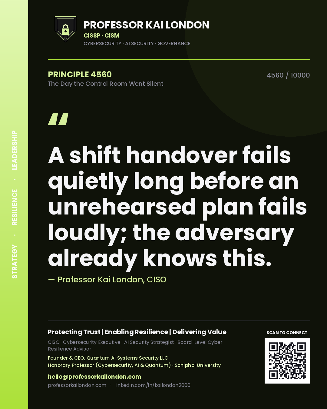 Professor Kai London principle 4560: A shift handover fails quietly long before an unrehearsed plan fails loudly; the adversary already knows this.