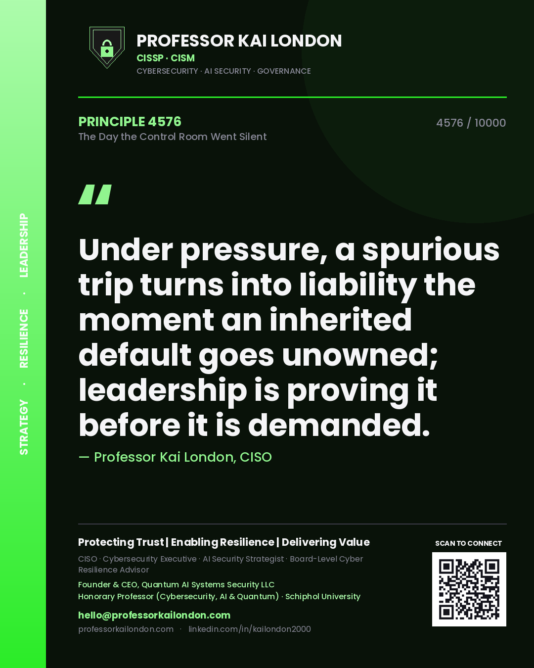 Professor Kai London principle 4576: Under pressure, a spurious trip turns into liability the moment an inherited default goes unowned; leadership is proving it before it is demanded.