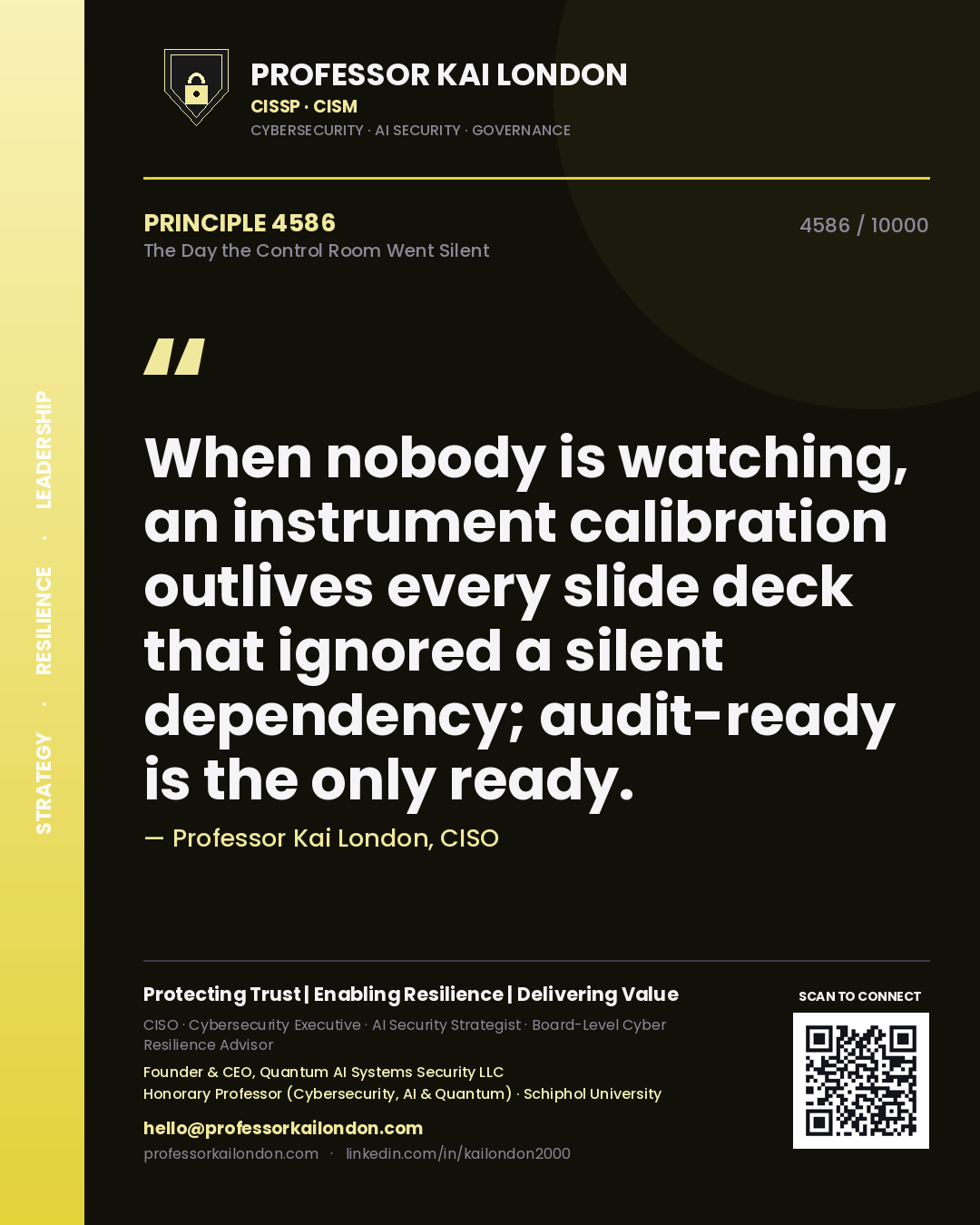 Quote card by Professor Kai London reading 'When nobody is watching, an instrument calibration outlives every slide deck that ignored a silent dependency; audit-ready is the only ready.'. From the book The Day the Control Room Went Silent.