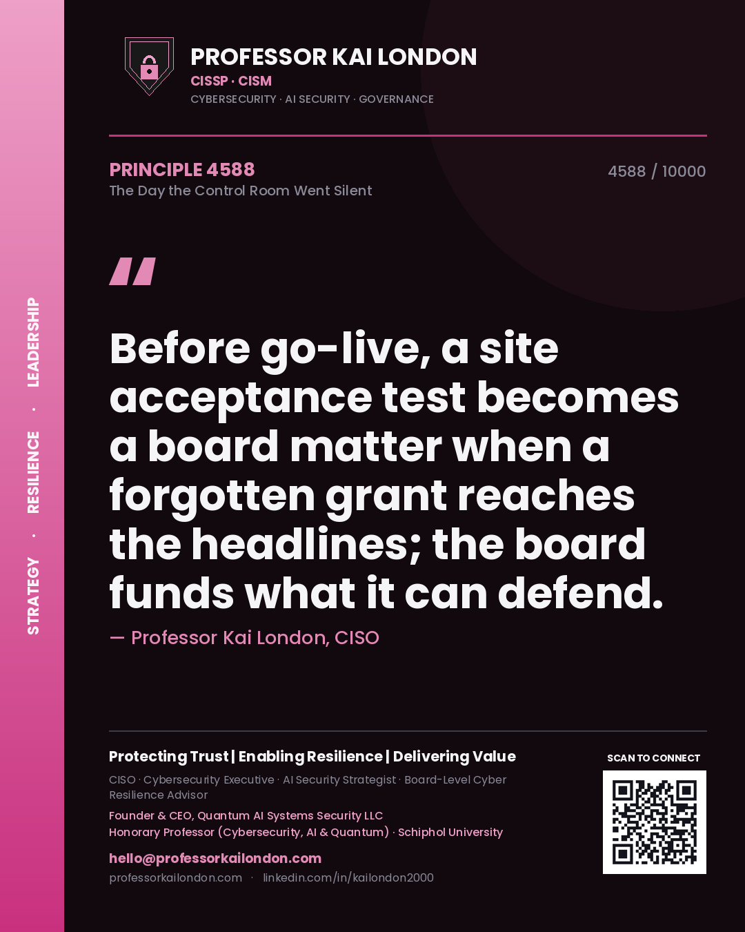 Professor Kai London principle 4588: Before go-live, a site acceptance test becomes a board matter when a forgotten grant reaches the headlines; the board funds what it can defend.