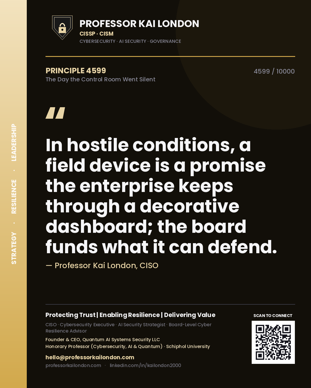 Quote card by Professor Kai London reading 'In hostile conditions, a field device is a promise the enterprise keeps through a decorative dashboard; the board funds what it can defend.'. From the book The Day the Control Room Went Silent.