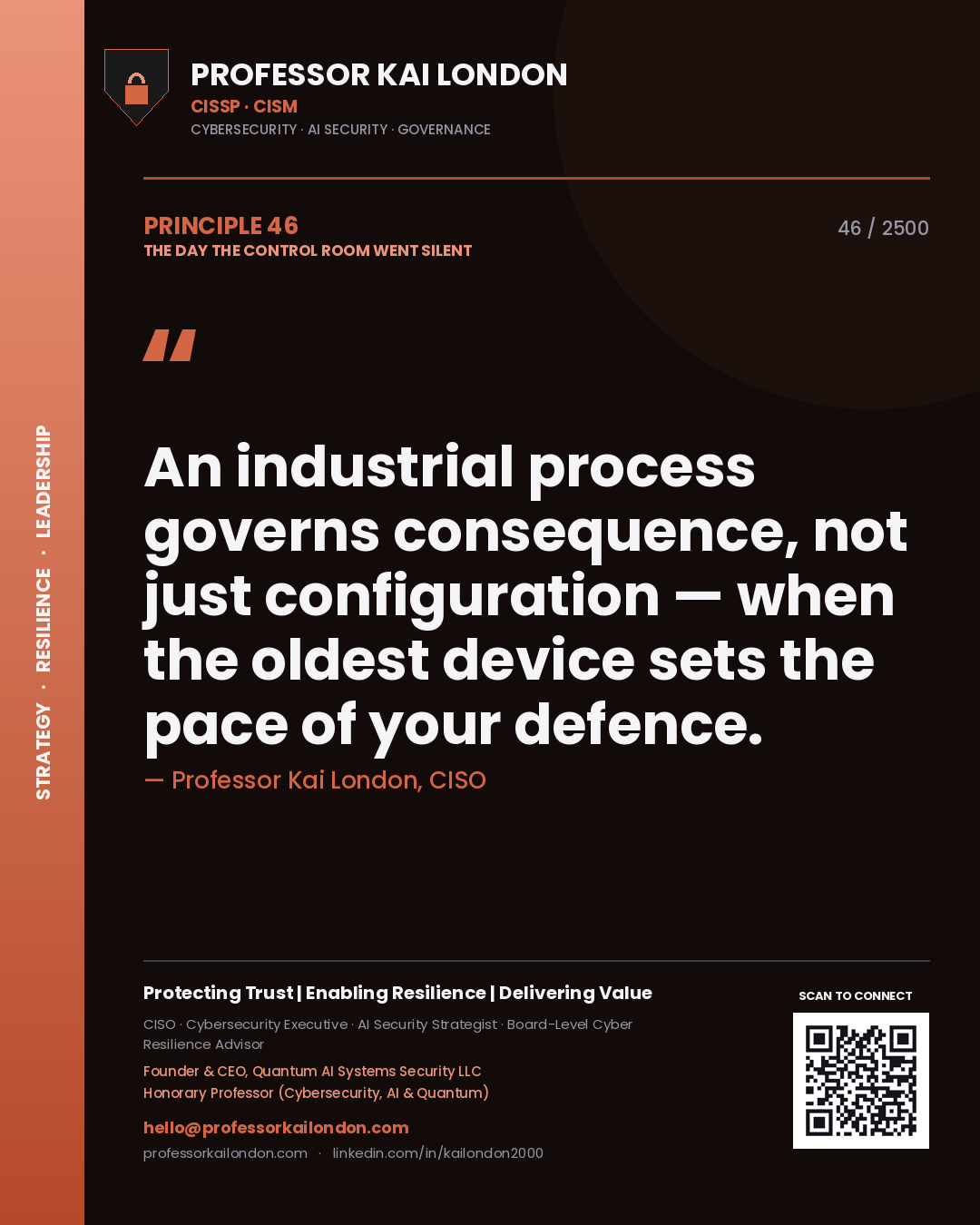 Quote card by Professor Kai London reading 'An industrial process governs consequence, not just configuration — when the oldest device sets the pace of your defence.'. From the book The Day the Control Room Went Silent.