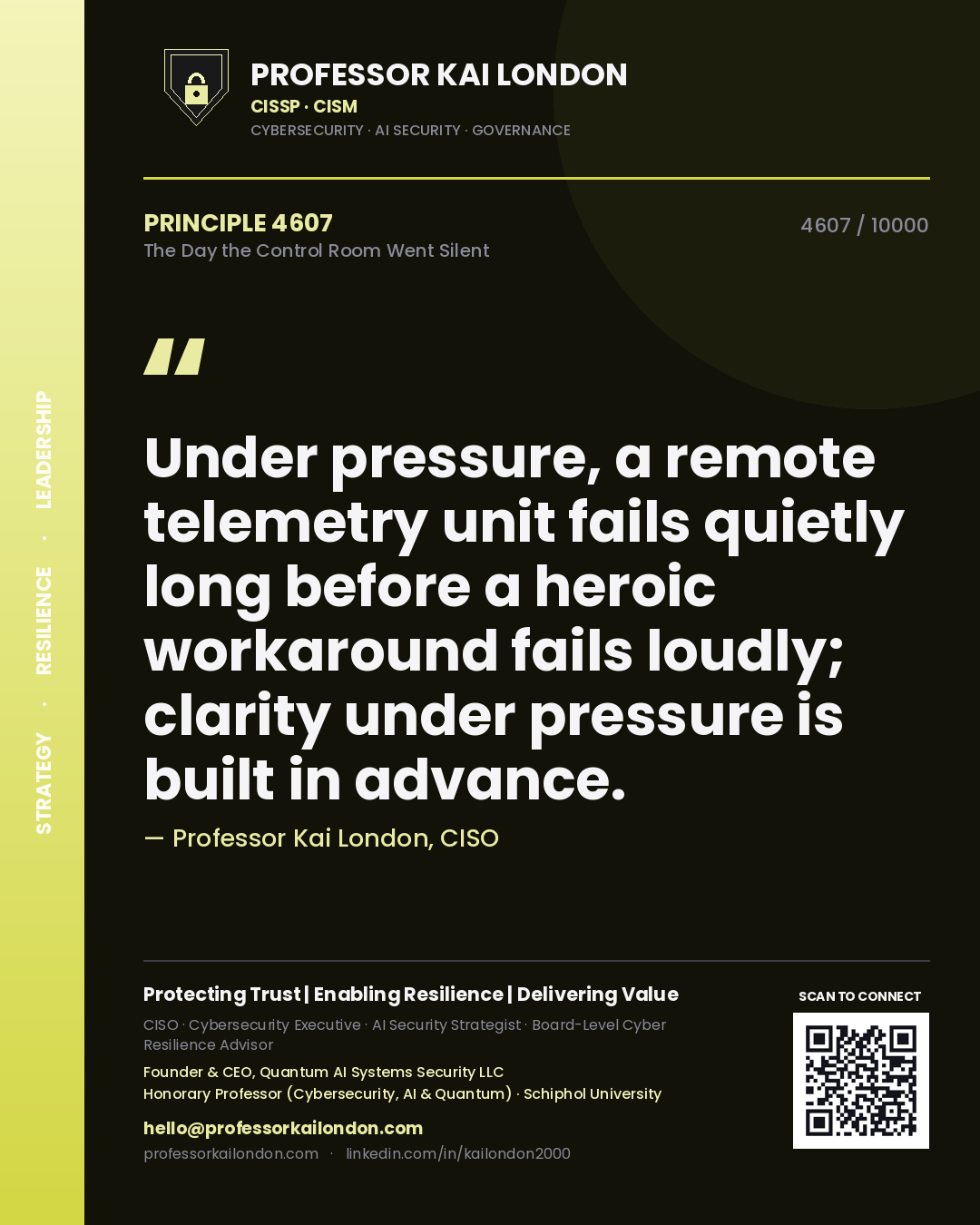 Quote card by Professor Kai London reading 'Under pressure, a remote telemetry unit fails quietly long before a heroic workaround fails loudly; clarity under pressure is built in advance.'. From the book The Day the Control Room Went Silent.