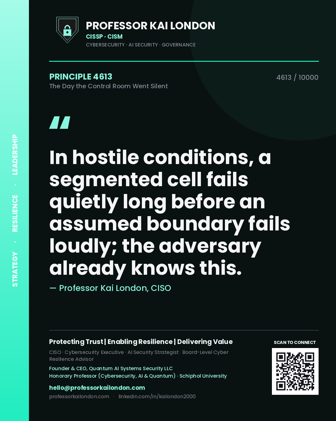Quote card by Professor Kai London reading 'In hostile conditions, a segmented cell fails quietly long before an assumed boundary fails loudly; the adversary already knows this.'. From the book The Day the Control Room Went Silent.