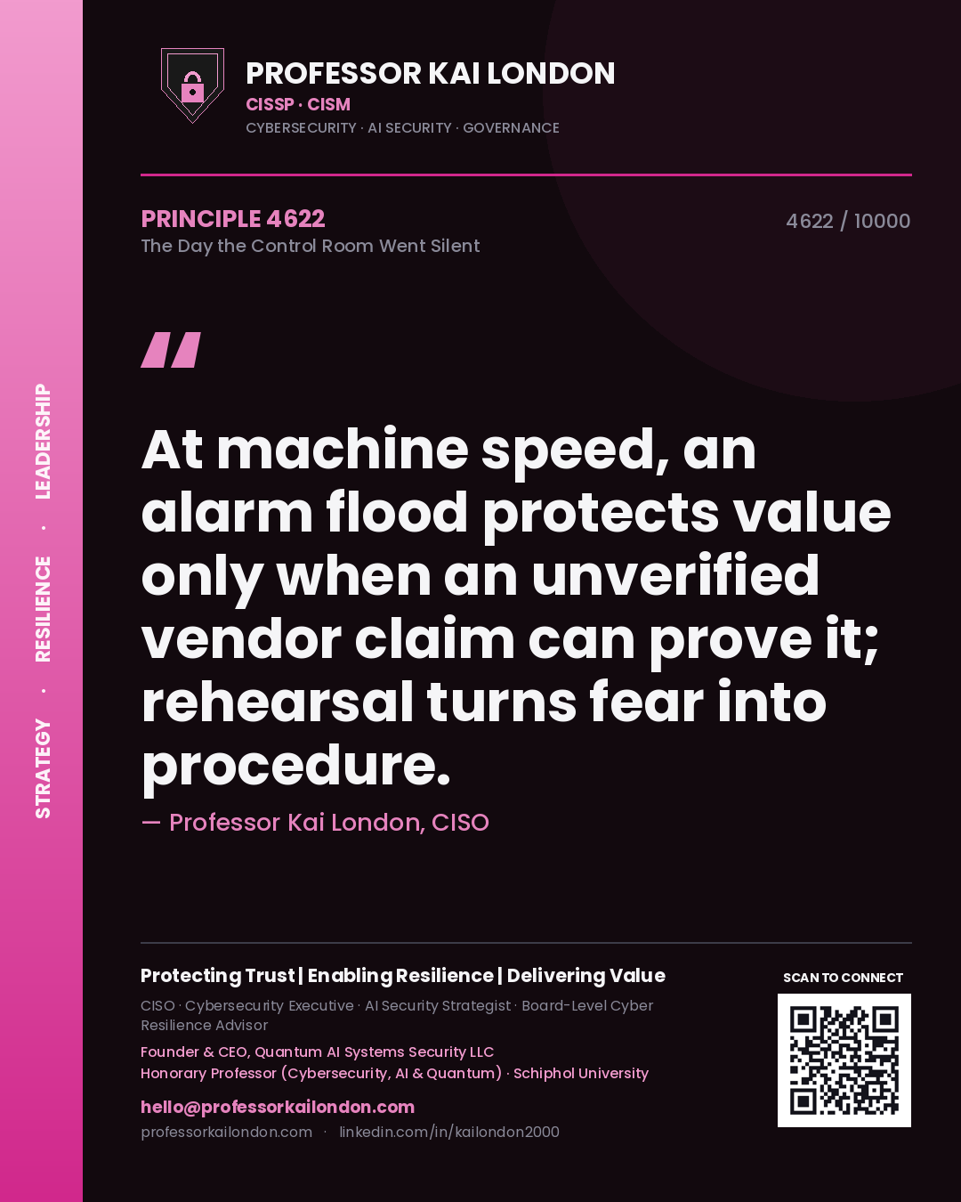 Quote card by Professor Kai London reading 'At machine speed, an alarm flood protects value only when an unverified vendor claim can prove it; rehearsal turns fear into procedure.'. From the book The Day the Control Room Went Silent.