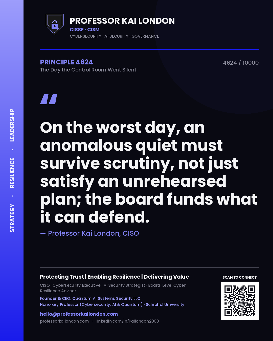 Quote card by Professor Kai London reading 'On the worst day, an anomalous quiet must survive scrutiny, not just satisfy an unrehearsed plan; the board funds what it can defend.'. From the book The Day the Control Room Went Silent.