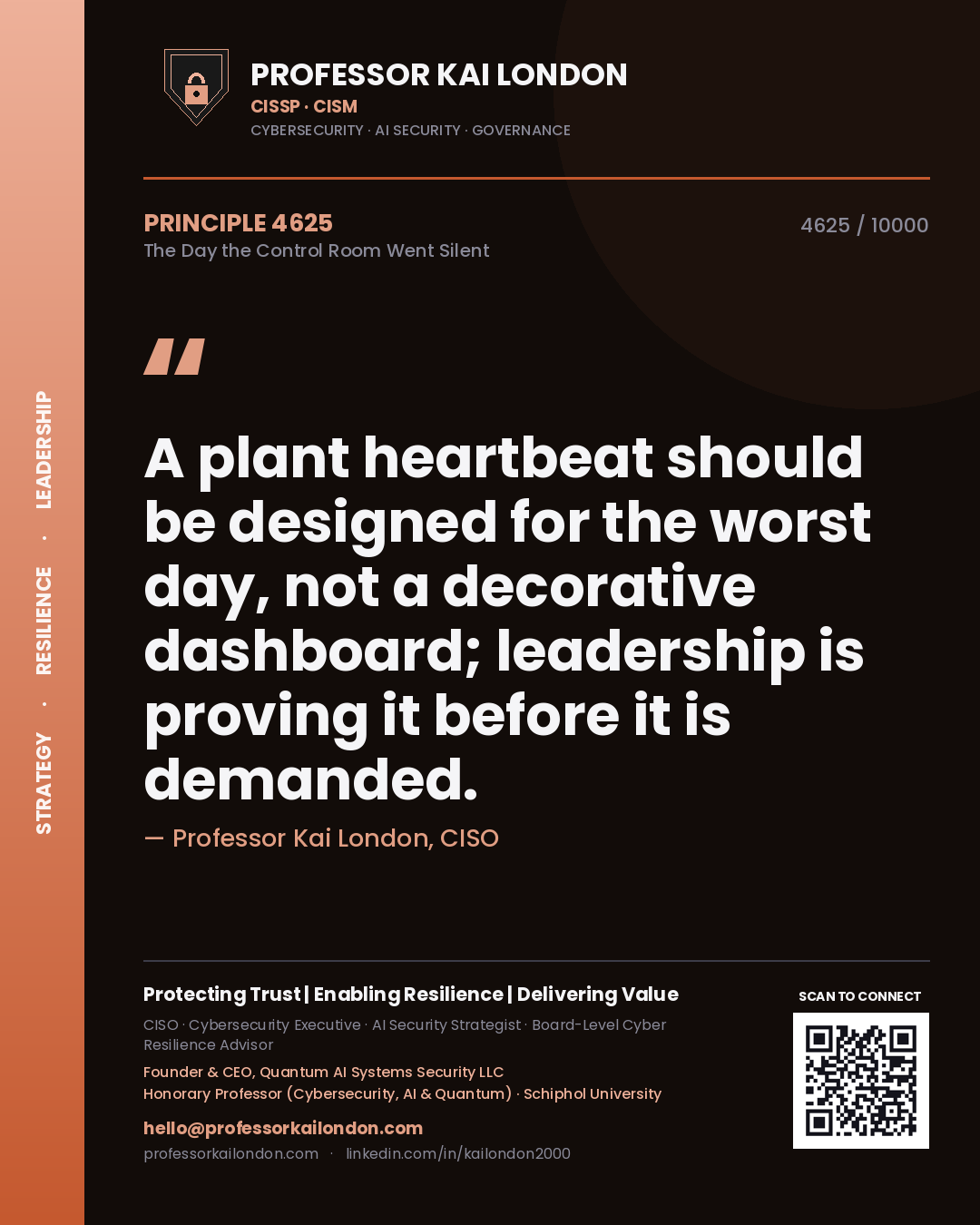 Quote card by Professor Kai London reading 'A plant heartbeat should be designed for the worst day, not a decorative dashboard; leadership is proving it before it is demanded.'. From the book The Day the Control Room Went Silent.