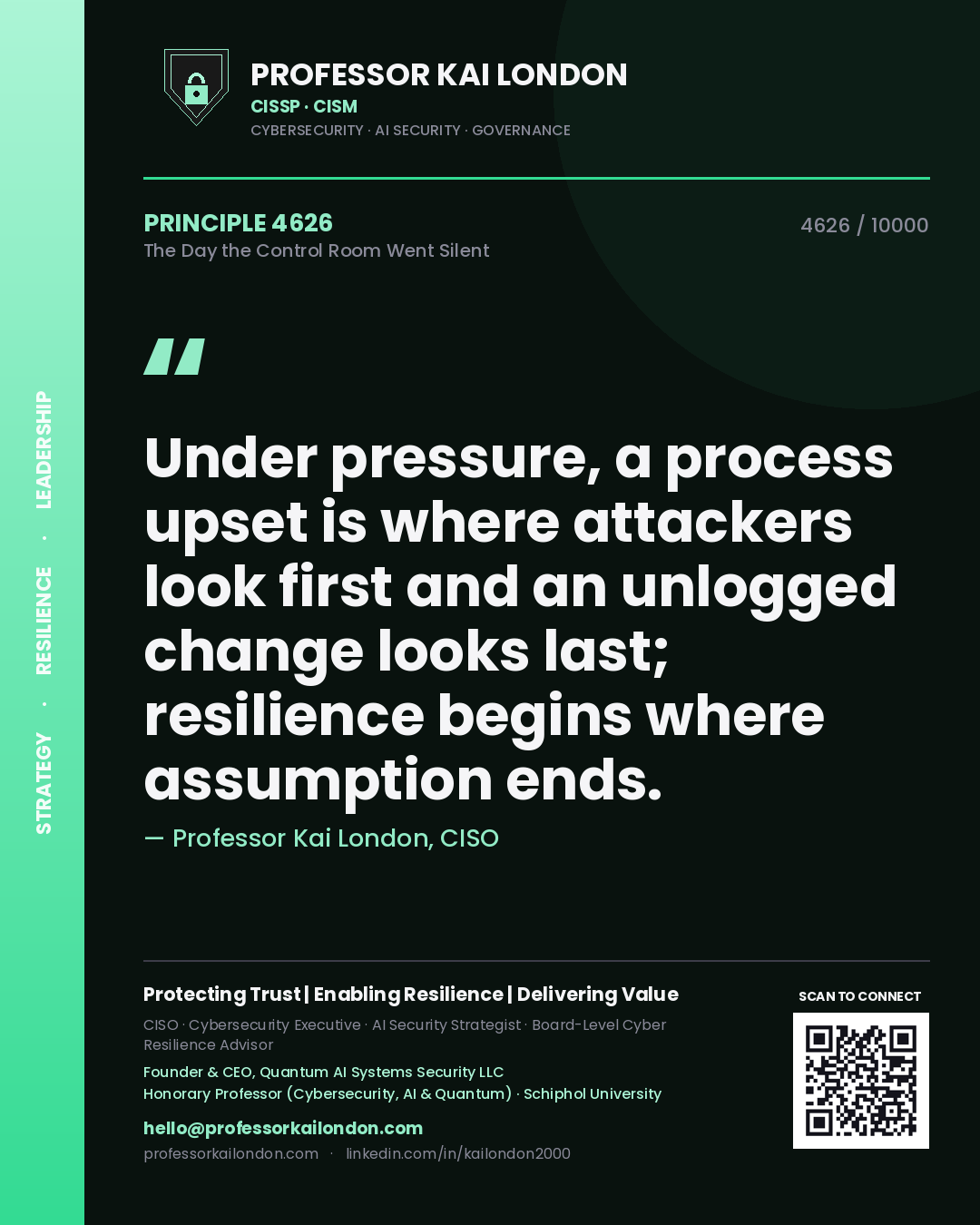 Quote card by Professor Kai London reading 'Under pressure, a process upset is where attackers look first and an unlogged change looks last; resilience begins where assumption ends.'. From the book The Day the Control Room Went Silent.