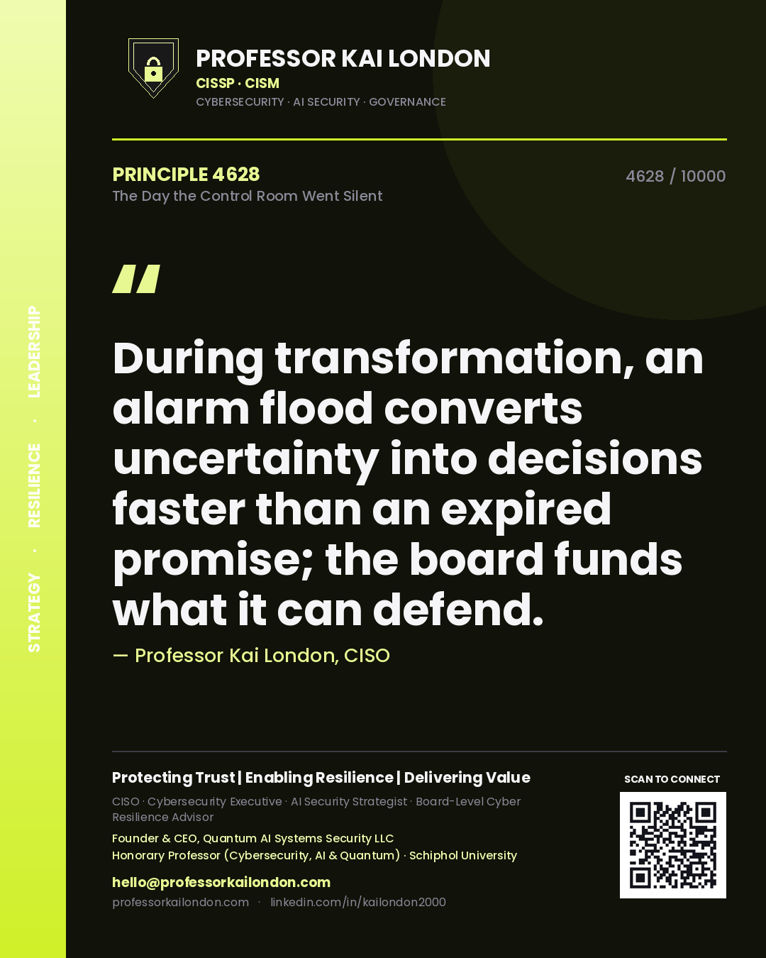 Quote card by Professor Kai London reading 'During transformation, an alarm flood converts uncertainty into decisions faster than an expired promise; the board funds what it can defend.'. From the book The Day the Control Room Went Silent.
