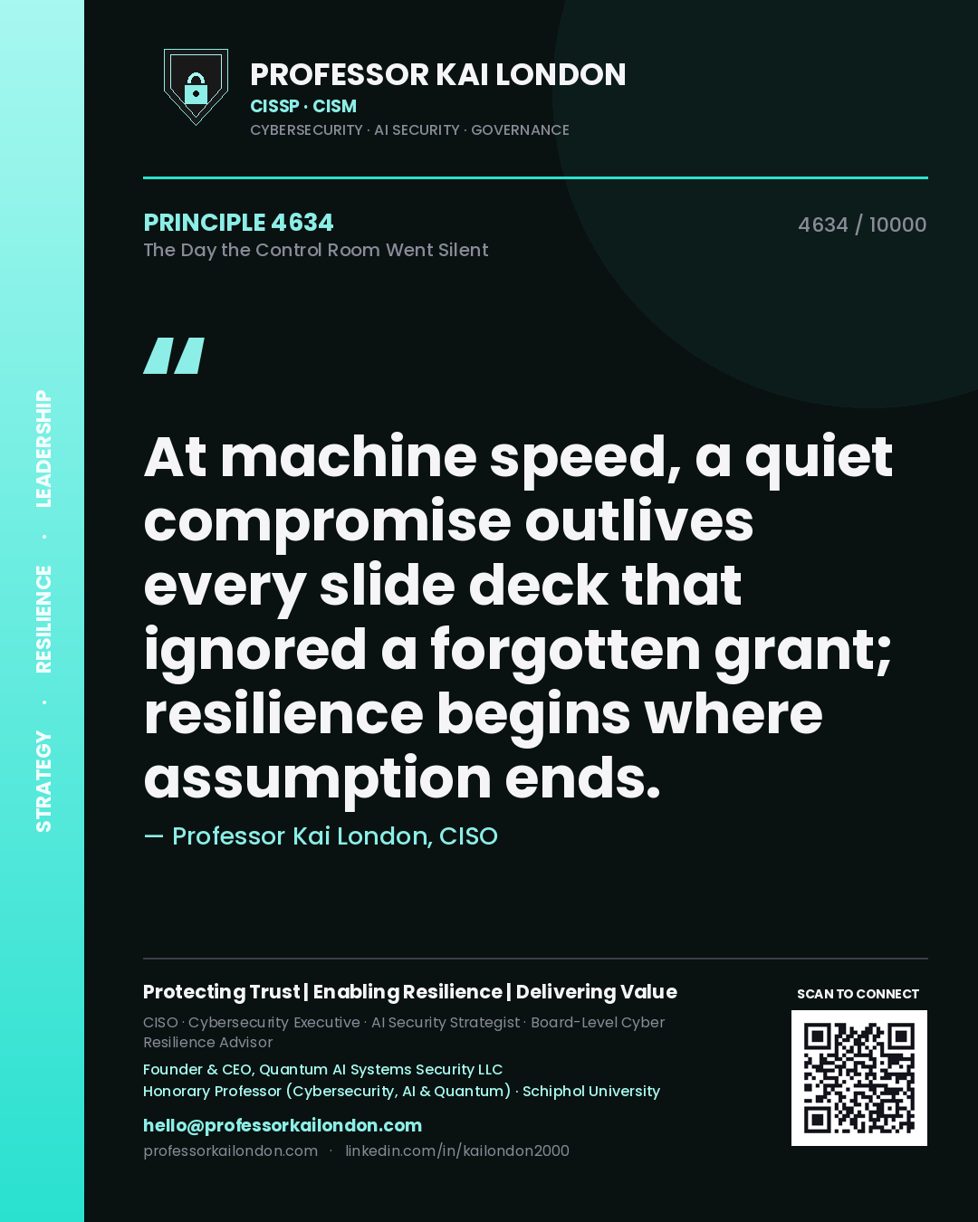 Quote card by Professor Kai London reading 'At machine speed, a quiet compromise outlives every slide deck that ignored a forgotten grant; resilience begins where assumption ends.'. From the book The Day the Control Room Went Silent.
