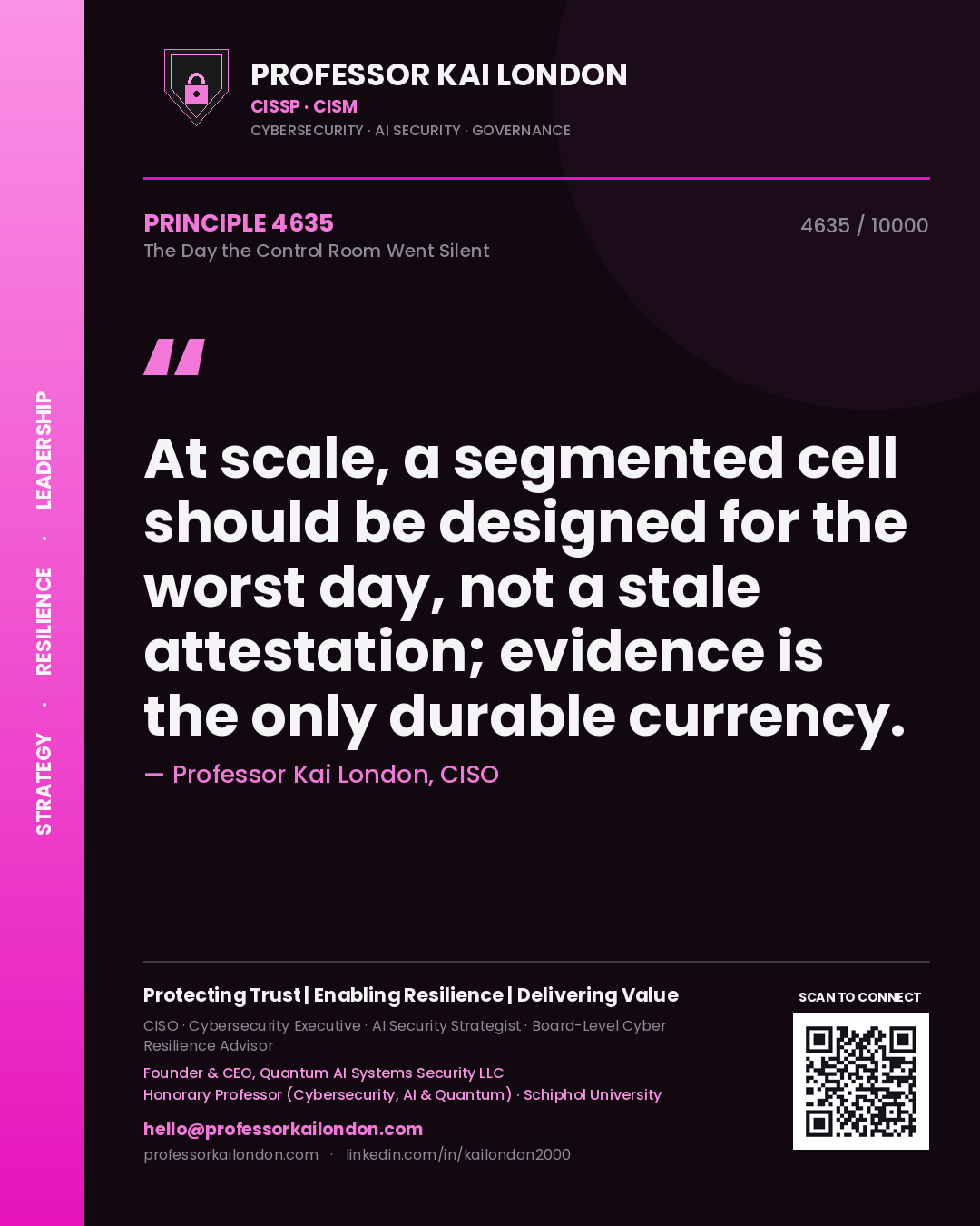 Quote card by Professor Kai London reading 'At scale, a segmented cell should be designed for the worst day, not a stale attestation; evidence is the only durable currency.'. From the book The Day the Control Room Went Silent.
