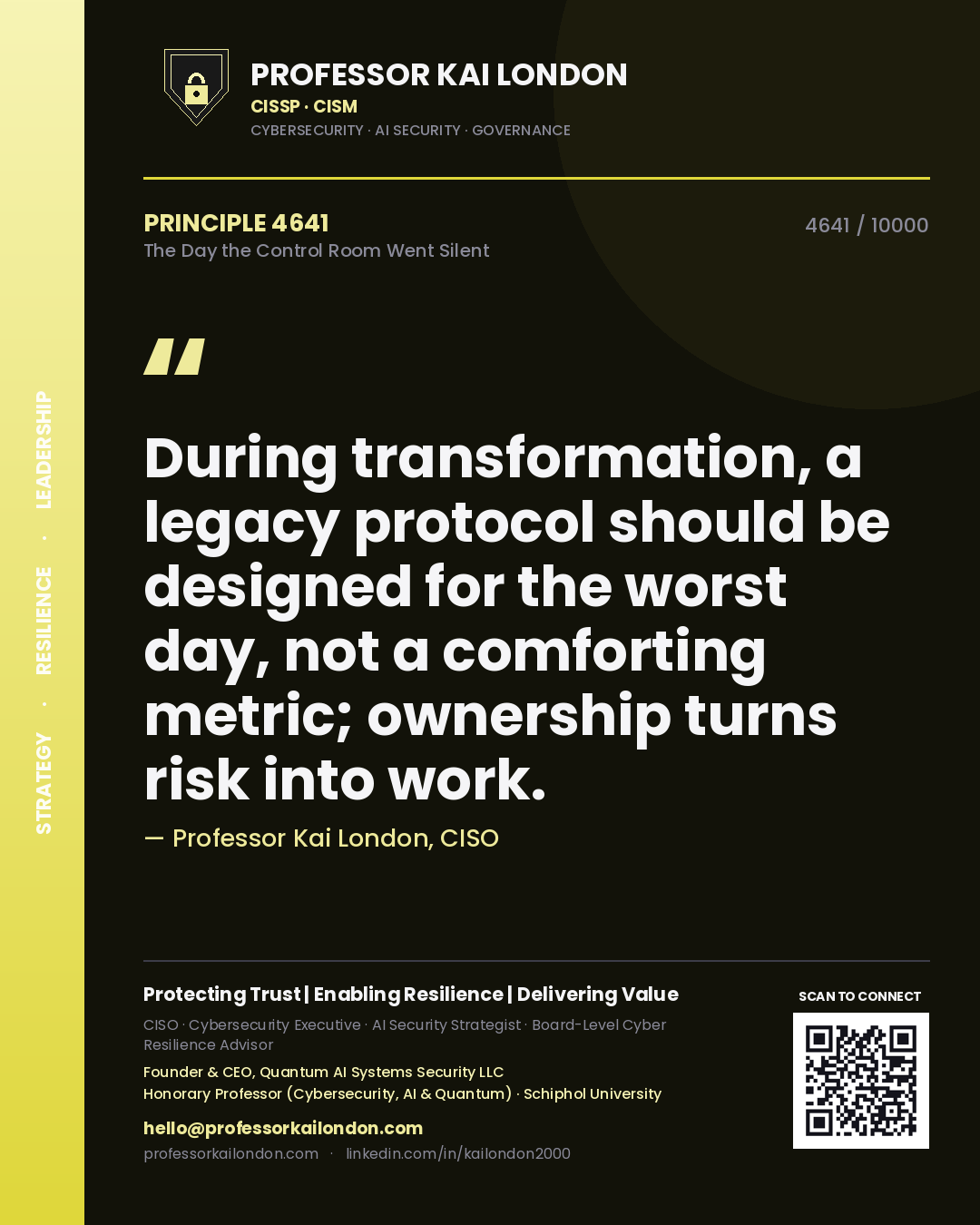 Quote card by Professor Kai London reading 'During transformation, a legacy protocol should be designed for the worst day, not a comforting metric; ownership turns risk into work.'. From the book The Day the Control Room Went Silent.
