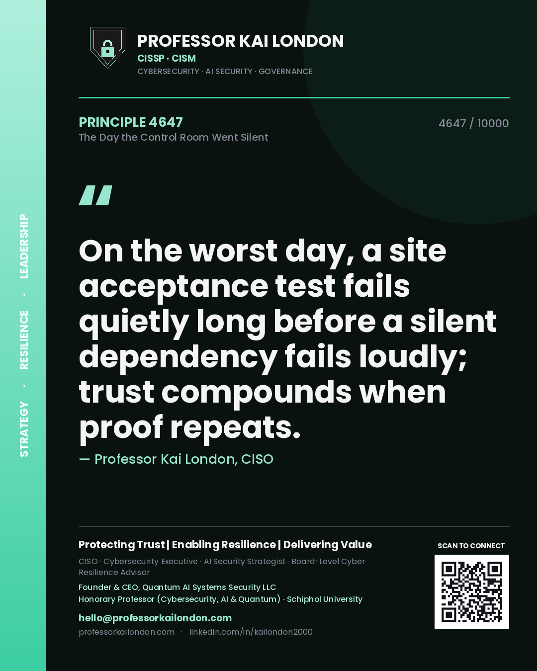 Quote card by Professor Kai London reading 'On the worst day, a site acceptance test fails quietly long before a silent dependency fails loudly; trust compounds when proof repeats.'. From the book The Day the Control Room Went Silent.