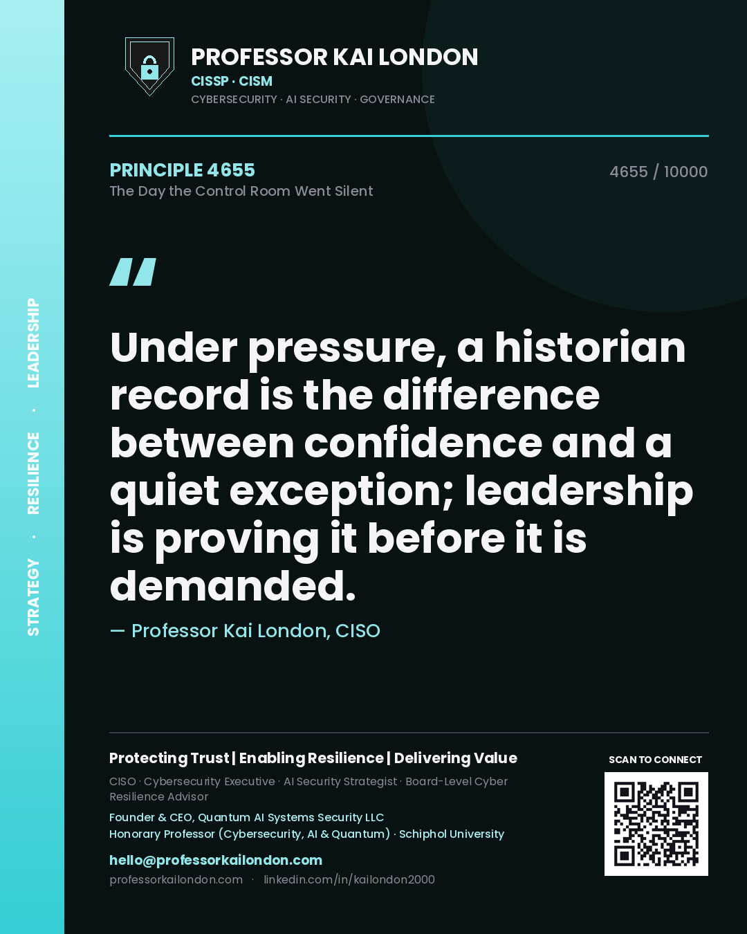 Quote card by Professor Kai London reading 'Under pressure, a historian record is the difference between confidence and a quiet exception; leadership is proving it before it is demanded.'. From the book The Day the Control Room Went Silent.