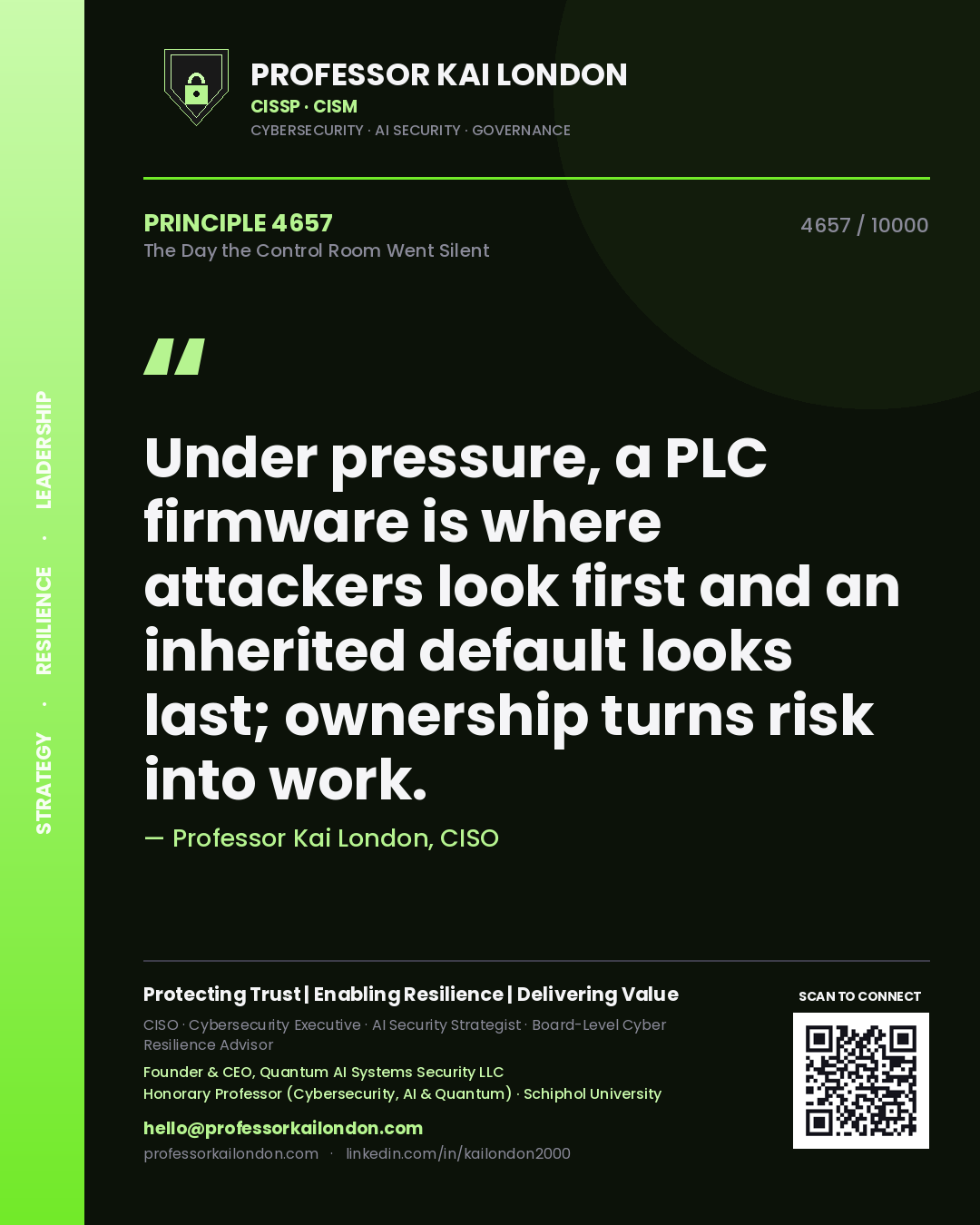 Quote card by Professor Kai London reading 'Under pressure, a PLC firmware is where attackers look first and an inherited default looks last; ownership turns risk into work.'. From the book The Day the Control Room Went Silent.