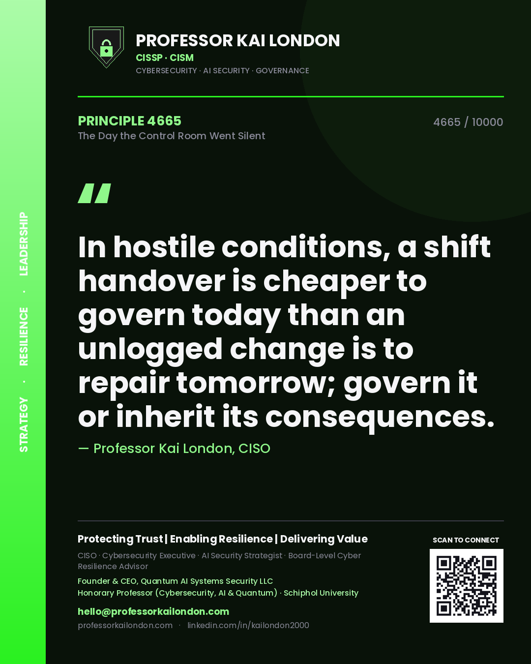 Quote card by Professor Kai London reading 'In hostile conditions, a shift handover is cheaper to govern today than an unlogged change is to repair tomorrow; govern it or inherit its consequences.'. From the book The Day the Control Room Went Silent.