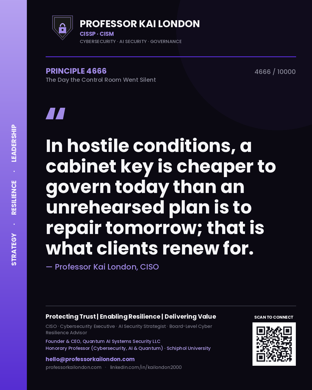 Quote card by Professor Kai London reading 'In hostile conditions, a cabinet key is cheaper to govern today than an unrehearsed plan is to repair tomorrow; that is what clients renew for.'. From the book The Day the Control Room Went Silent.