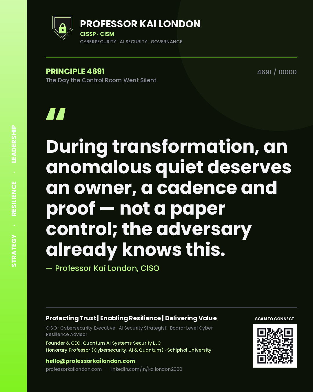 Quote card by Professor Kai London reading 'During transformation, an anomalous quiet deserves an owner, a cadence and proof — not a paper control; the adversary already knows this.'. From the book The Day the Control Room Went Silent.