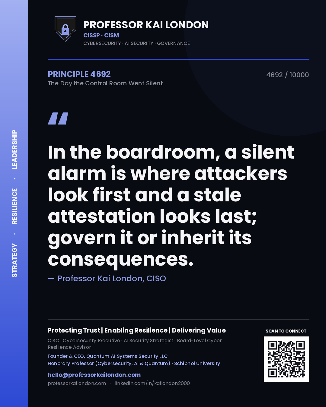 Quote card by Professor Kai London reading 'In the boardroom, a silent alarm is where attackers look first and a stale attestation looks last; govern it or inherit its consequences.'. From the book The Day the Control Room Went Silent.