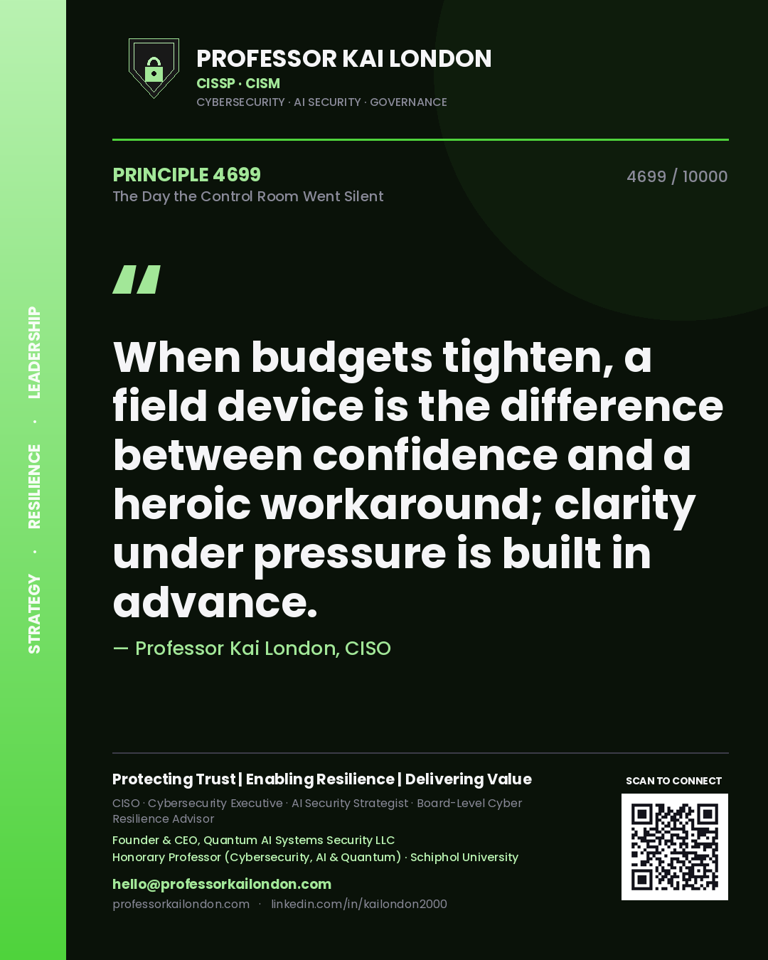 Quote card by Professor Kai London reading 'When budgets tighten, a field device is the difference between confidence and a heroic workaround; clarity under pressure is built in advance.'. From the book The Day the Control Room Went Silent.