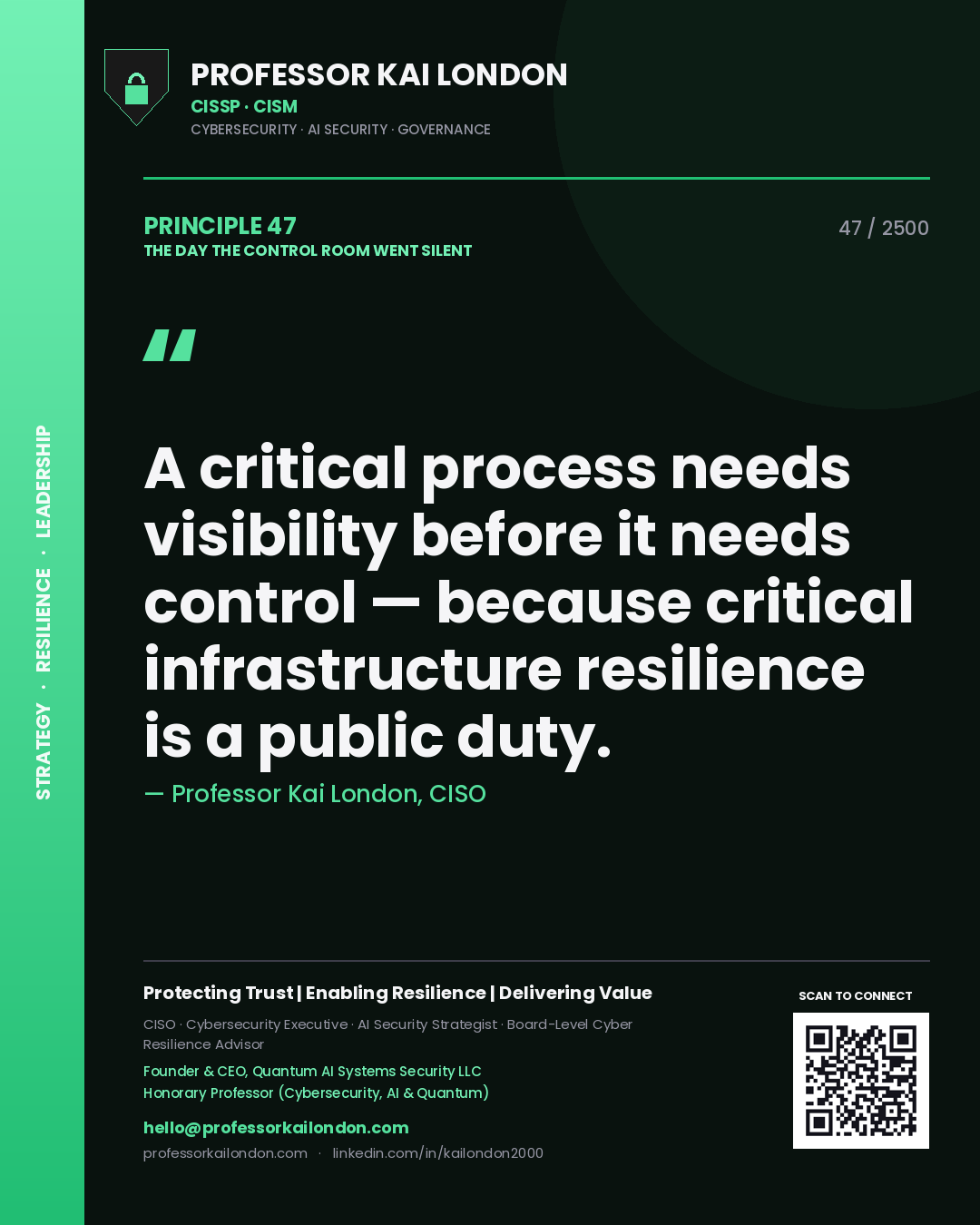 Quote card by Professor Kai London reading 'A critical process needs visibility before it needs control — because critical infrastructure resilience is a public duty.'. From the book The Day the Control Room Went Silent.