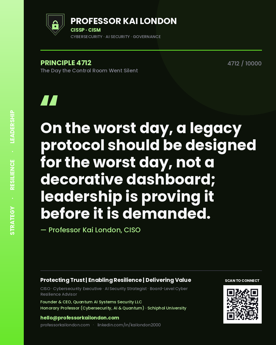Professor Kai London principle 4712: On the worst day, a legacy protocol should be designed for the worst day, not a decorative dashboard; leadership is proving it before it is demanded.
