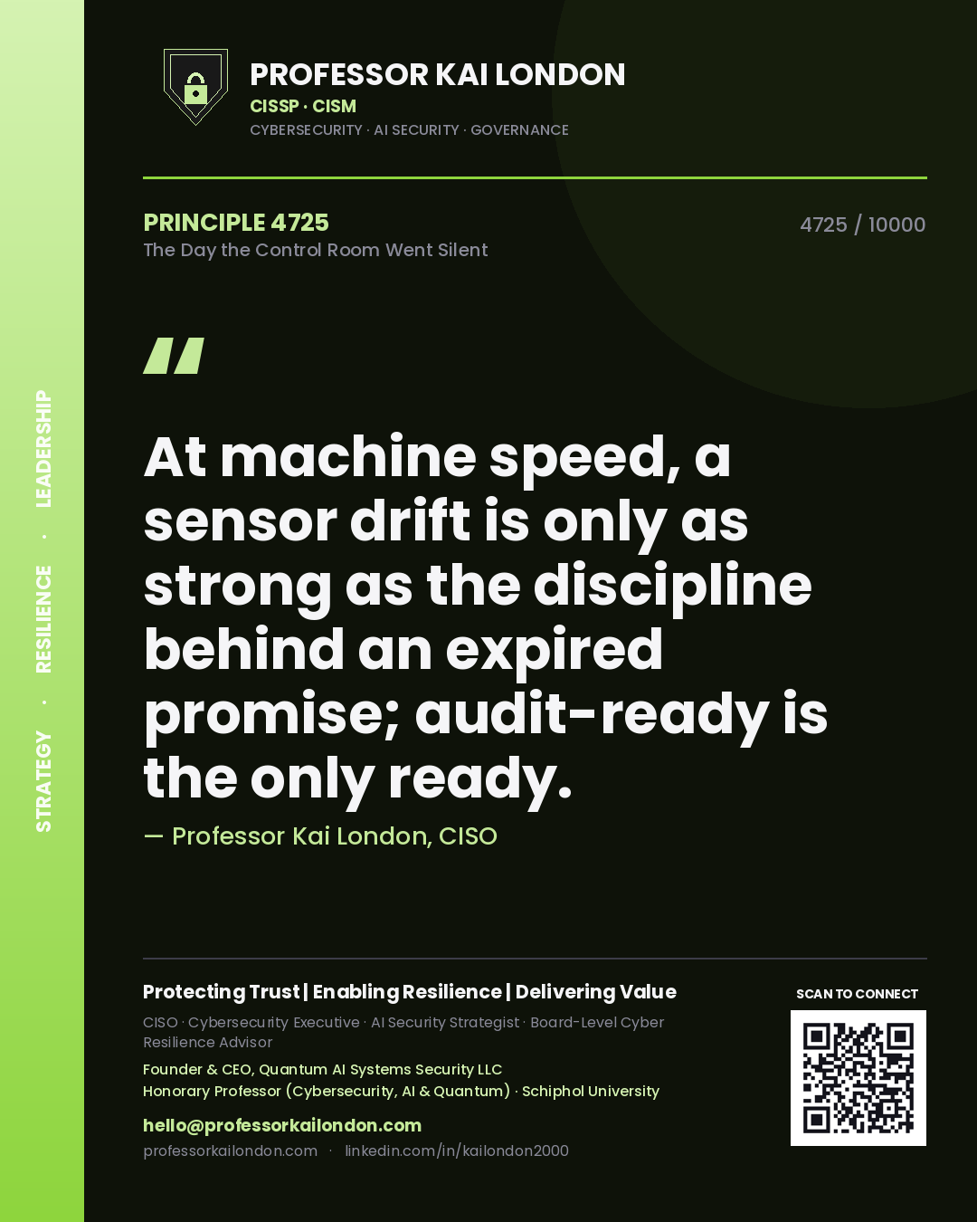 Professor Kai London principle 4725: At machine speed, a sensor drift is only as strong as the discipline behind an expired promise; audit-ready is the only ready.