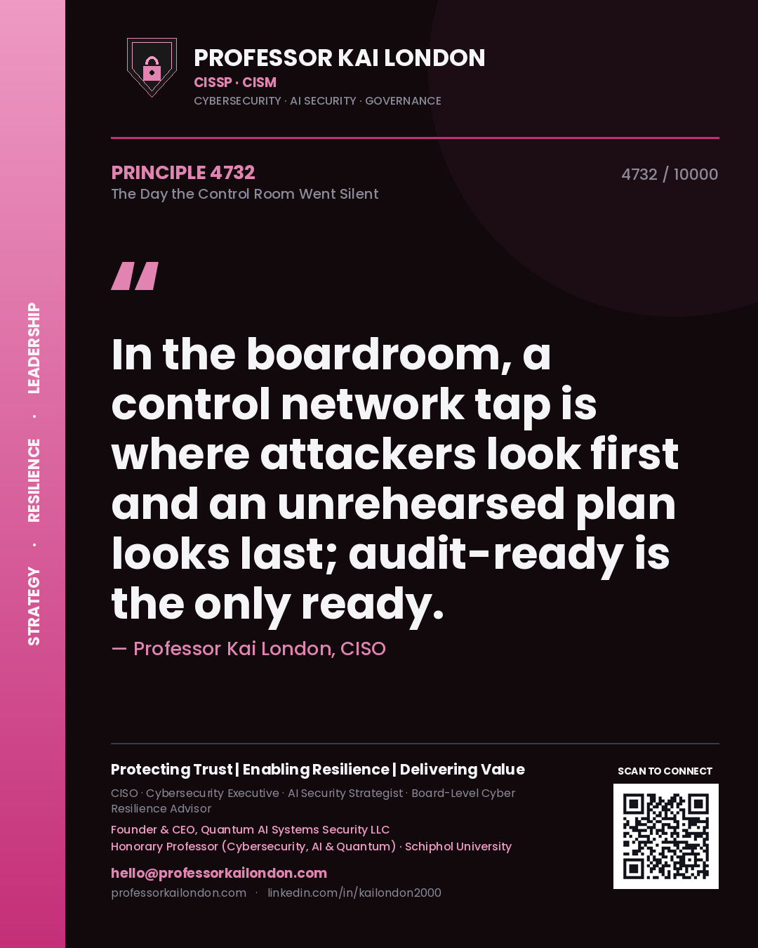 Quote card by Professor Kai London reading 'In the boardroom, a control network tap is where attackers look first and an unrehearsed plan looks last; audit-ready is the only ready.'. From the book The Day the Control Room Went Silent.