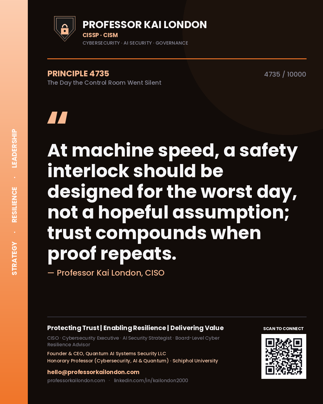 Professor Kai London principle 4735: At machine speed, a safety interlock should be designed for the worst day, not a hopeful assumption; trust compounds when proof repeats.