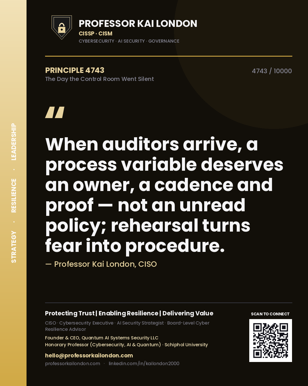 Professor Kai London principle 4743: When auditors arrive, a process variable deserves an owner, a cadence and proof — not an unread policy; rehearsal turns fear into procedure.