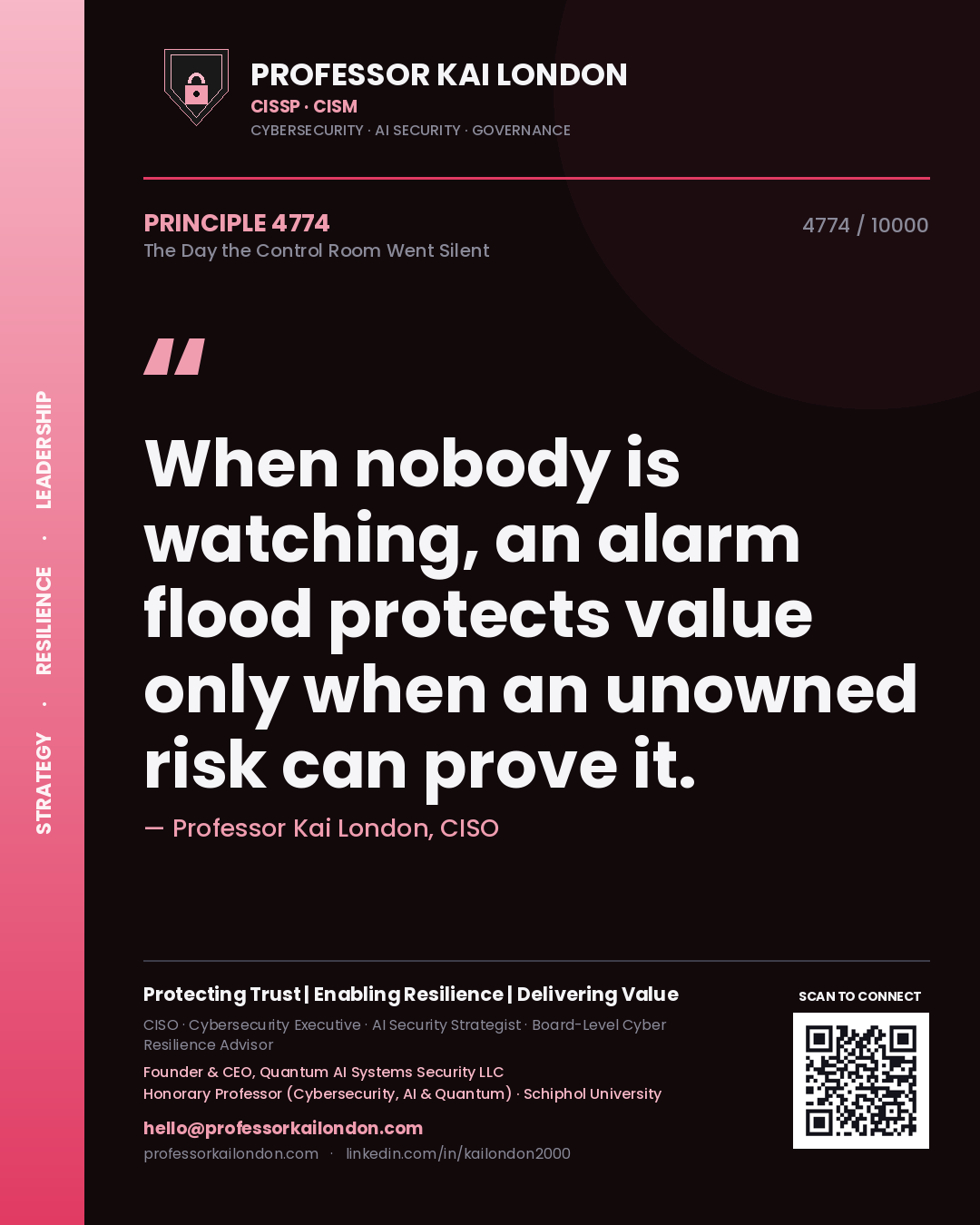 Professor Kai London principle 4774: When nobody is watching, an alarm flood protects value only when an unowned risk can prove it.