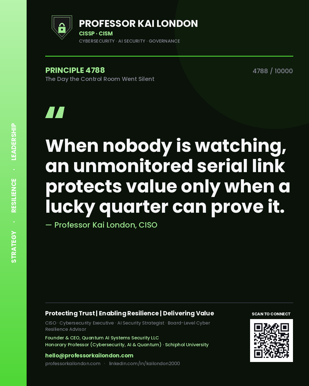 Quote card by Professor Kai London reading 'When nobody is watching, an unmonitored serial link protects value only when a lucky quarter can prove it.'. From the book The Day the Control Room Went Silent.