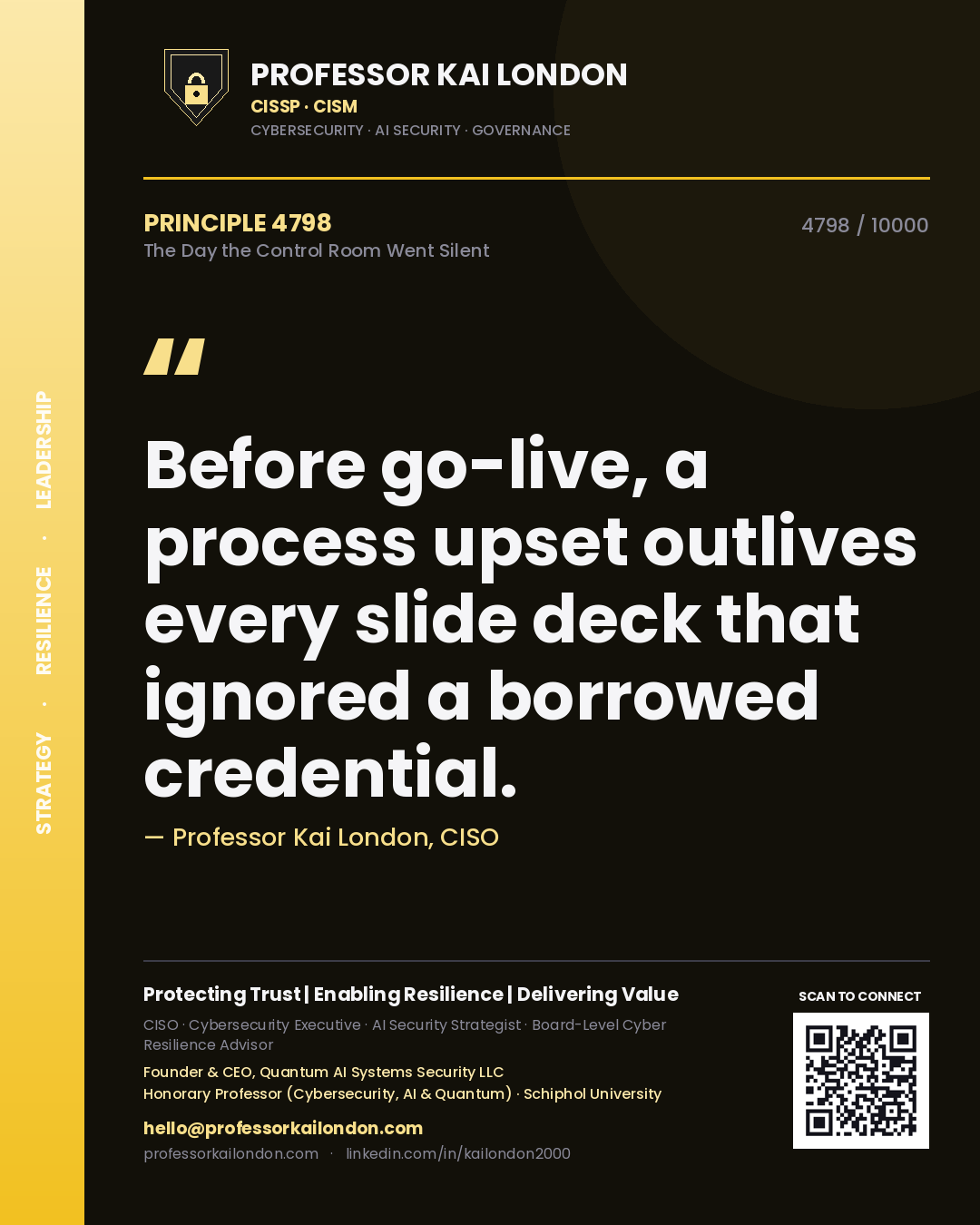 Quote card by Professor Kai London reading 'Before go-live, a process upset outlives every slide deck that ignored a borrowed credential.'. From the book The Day the Control Room Went Silent.