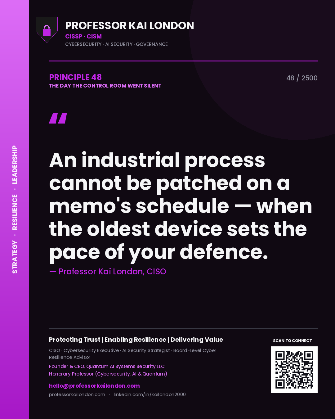 Quote card by Professor Kai London reading 'An industrial process cannot be patched on a memo's schedule — when the oldest device sets the pace of your defence.'. From the book The Day the Control Room Went Silent.