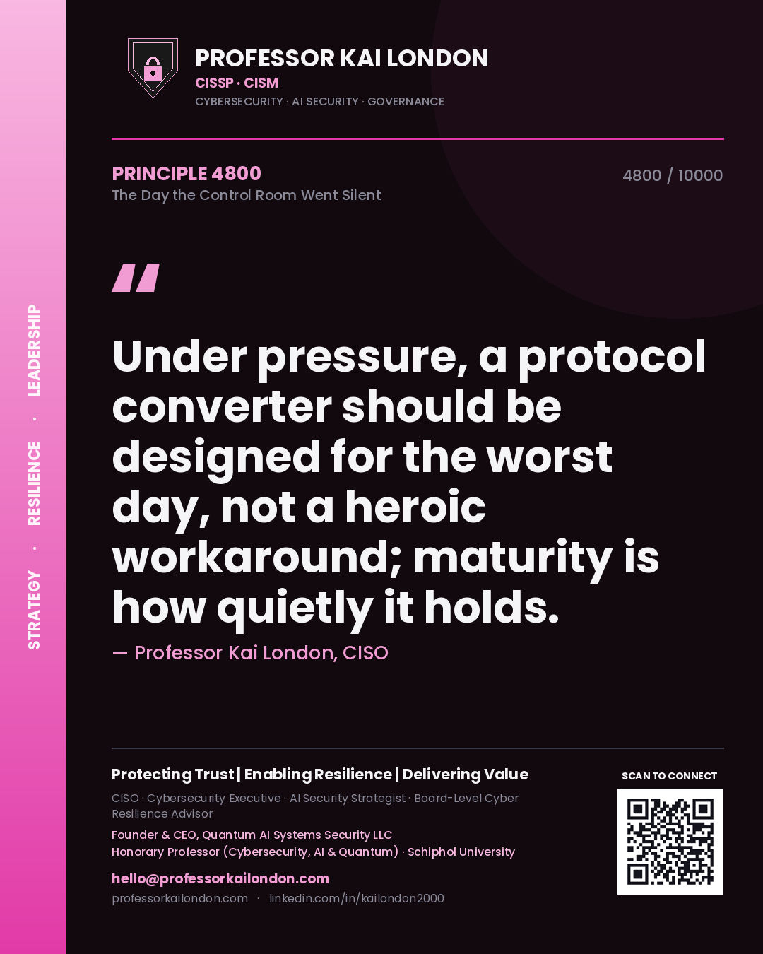 Quote card by Professor Kai London reading 'Under pressure, a protocol converter should be designed for the worst day, not a heroic workaround; maturity is how quietly it holds.'. From the book The Day the Control Room Went Silent.