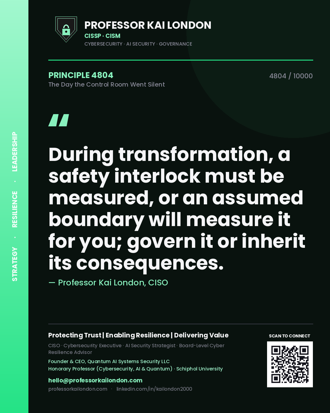 Quote card by Professor Kai London reading 'During transformation, a safety interlock must be measured, or an assumed boundary will measure it for you; govern it or inherit its consequences.'. From the book The Day the Control Room Went Silent.