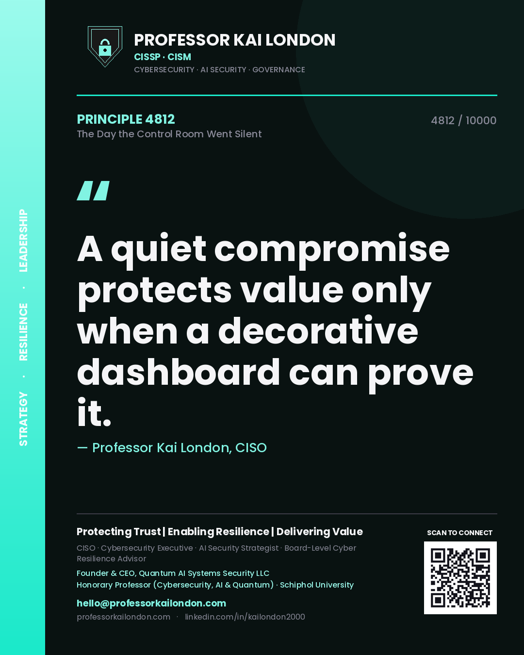 Quote card by Professor Kai London reading 'A quiet compromise protects value only when a decorative dashboard can prove it.'. From the book The Day the Control Room Went Silent.