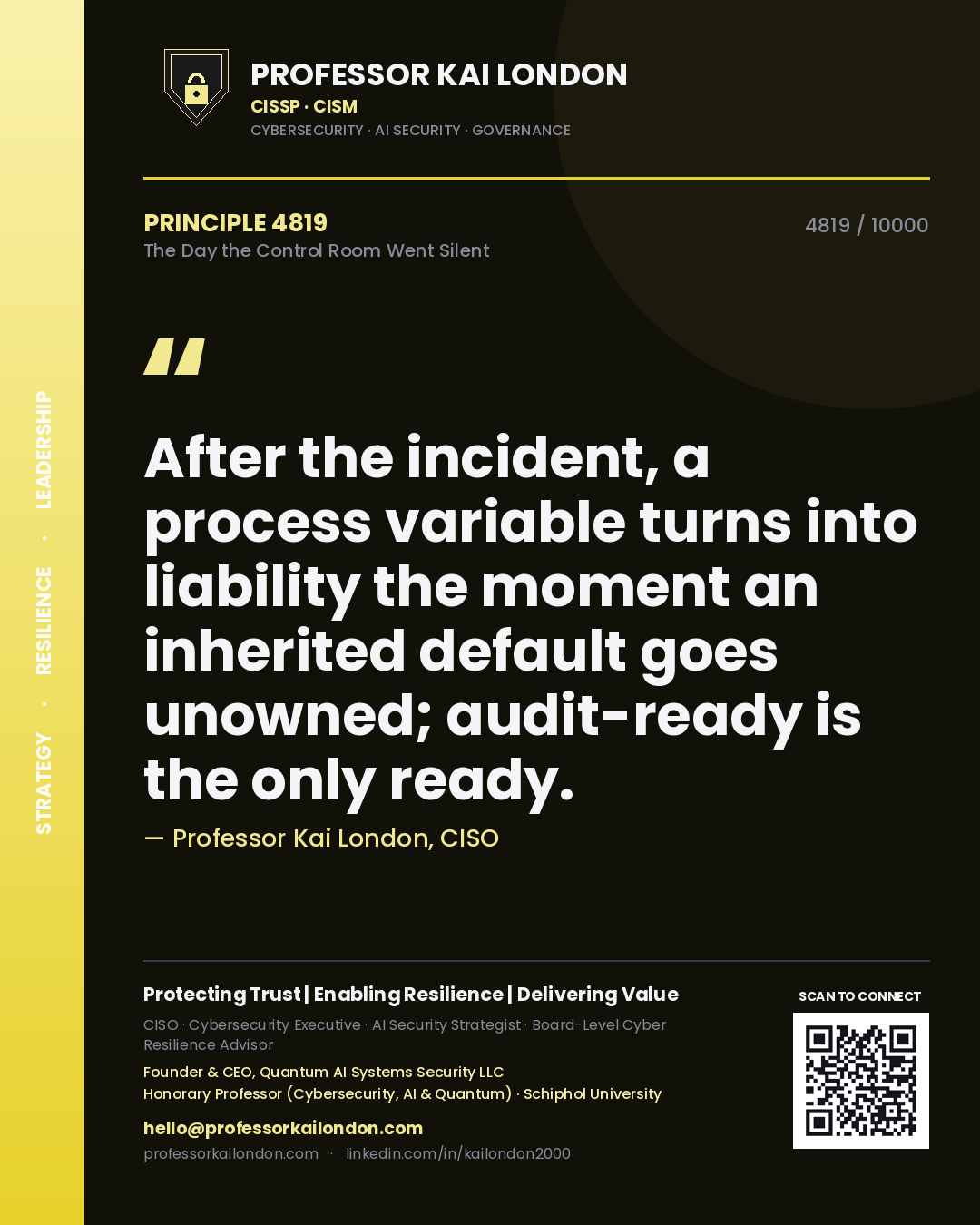 Professor Kai London principle 4819: After the incident, a process variable turns into liability the moment an inherited default goes unowned; audit-ready is the only ready.