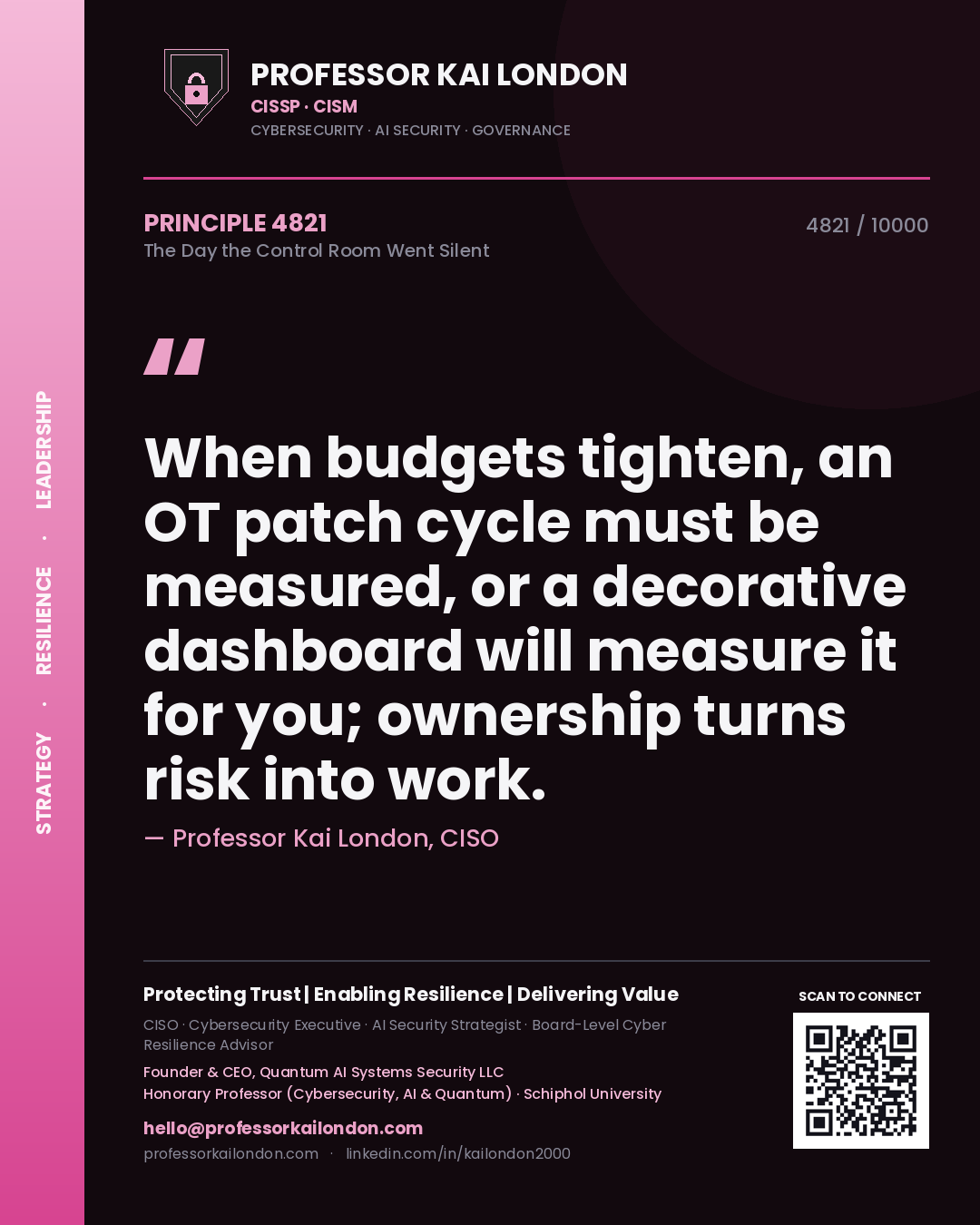 Quote card by Professor Kai London reading 'When budgets tighten, an OT patch cycle must be measured, or a decorative dashboard will measure it for you; ownership turns risk into work.'. From the book The Day the Control Room Went Silent.