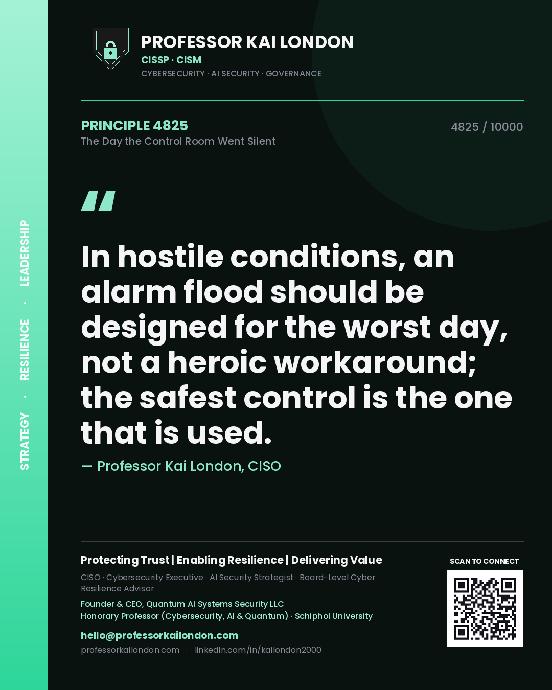 Professor Kai London principle 4825: In hostile conditions, an alarm flood should be designed for the worst day, not a heroic workaround; the safest control is the one that is used.