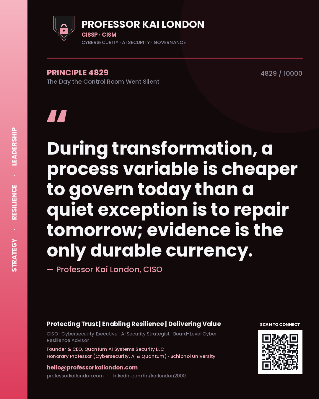Professor Kai London principle 4829: During transformation, a process variable is cheaper to govern today than a quiet exception is to repair tomorrow; evidence is the only durable currency.