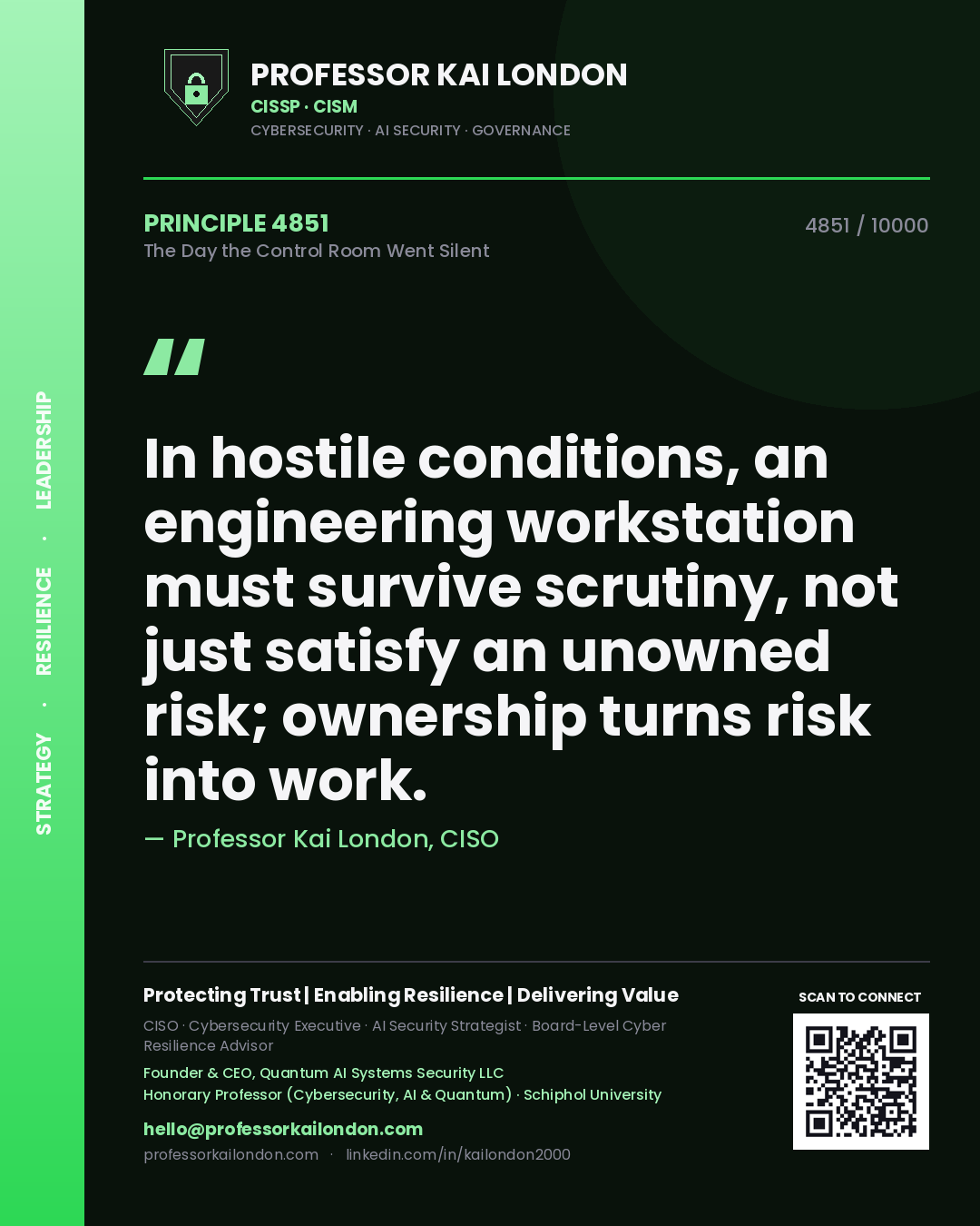 Quote card by Professor Kai London reading 'In hostile conditions, an engineering workstation must survive scrutiny, not just satisfy an unowned risk; ownership turns risk into work.'. From the book The Day the Control Room Went Silent.