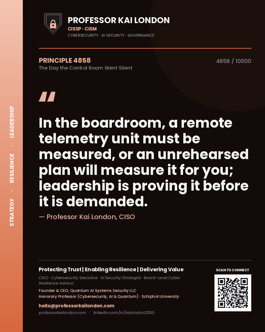 Quote card by Professor Kai London reading 'In the boardroom, a remote telemetry unit must be measured, or an unrehearsed plan will measure it for you; leadership is proving it before it is demanded.'. From the book The Day the Control Room Went Silent.
