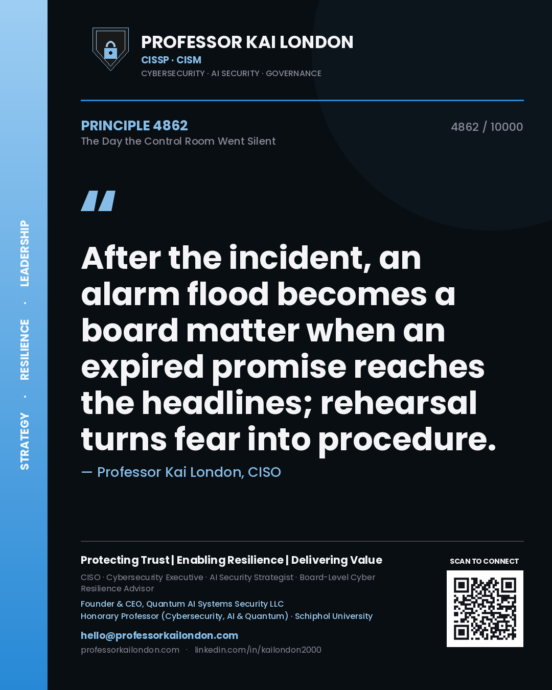 Professor Kai London principle 4862: After the incident, an alarm flood becomes a board matter when an expired promise reaches the headlines; rehearsal turns fear into procedure.