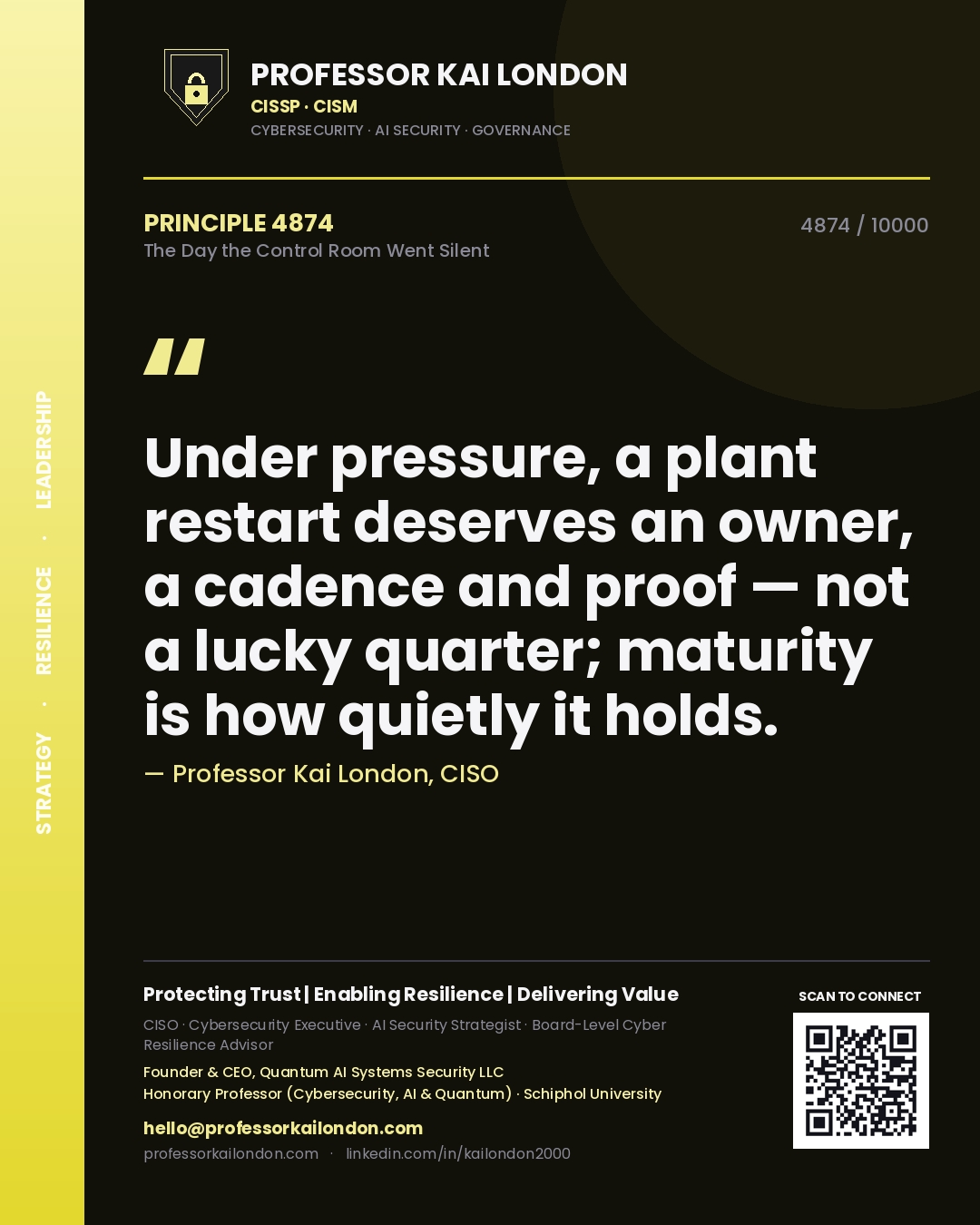 Professor Kai London principle 4874: Under pressure, a plant restart deserves an owner, a cadence and proof — not a lucky quarter; maturity is how quietly it holds.