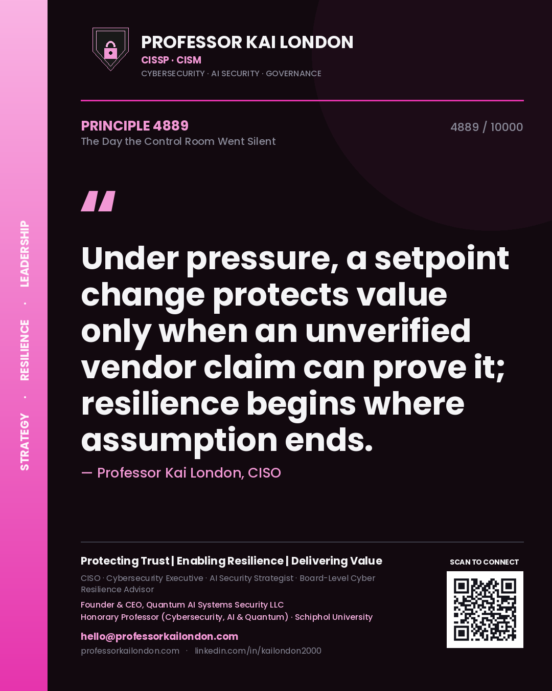 Professor Kai London principle 4889: Under pressure, a setpoint change protects value only when an unverified vendor claim can prove it; resilience begins where assumption ends.