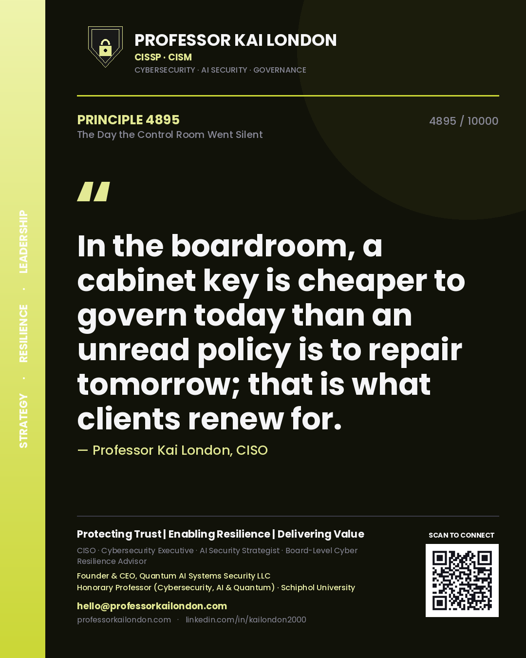 Professor Kai London principle 4895: In the boardroom, a cabinet key is cheaper to govern today than an unread policy is to repair tomorrow; that is what clients renew for.