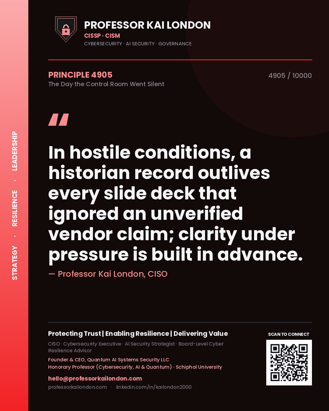 Quote card by Professor Kai London reading 'In hostile conditions, a historian record outlives every slide deck that ignored an unverified vendor claim; clarity under pressure is built in advance.'. From the book The Day the Control Room Went Silent.