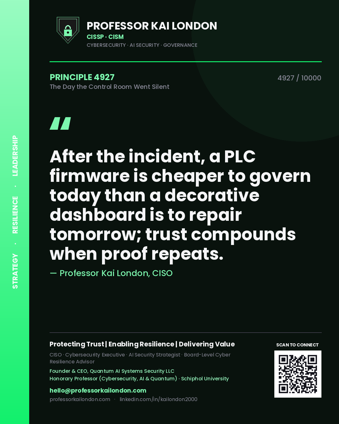 Quote card by Professor Kai London reading 'After the incident, a PLC firmware is cheaper to govern today than a decorative dashboard is to repair tomorrow; trust compounds when proof repeats.'. From the book The Day the Control Room Went Silent.