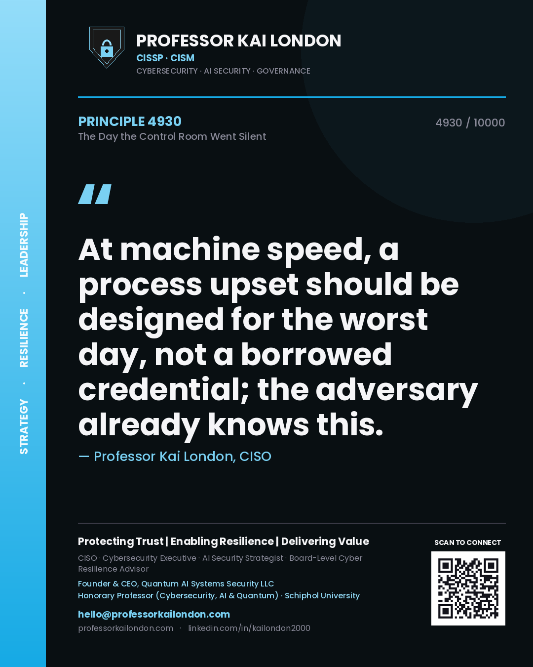 Quote card by Professor Kai London reading 'At machine speed, a process upset should be designed for the worst day, not a borrowed credential; the adversary already knows this.'. From the book The Day the Control Room Went Silent.